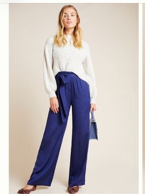 Anthropologie Current Air Wide-Leg Tie-Waist Pants in a Deep Blue pattern